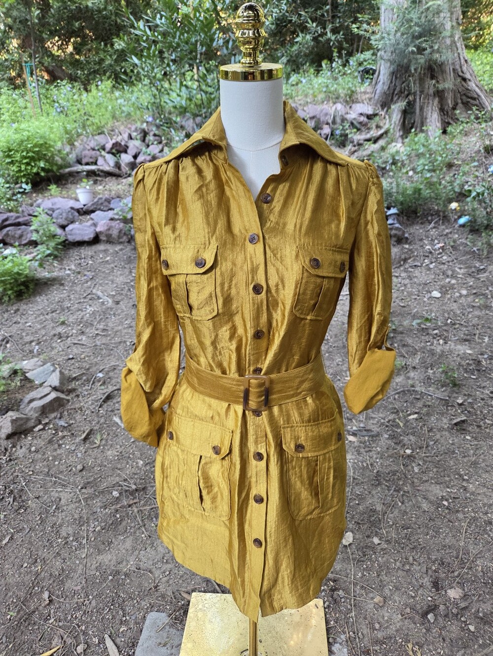 Bebe Yellow Gold Belted Shirt Button Up Dress Size Small